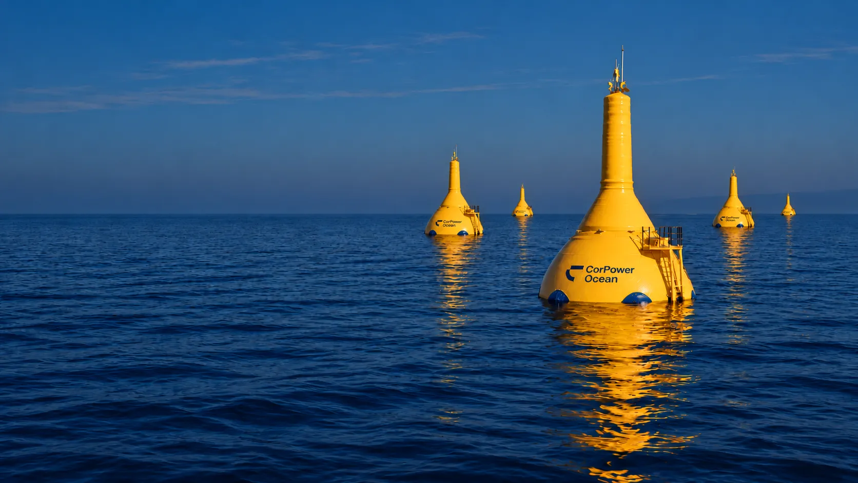 Rad av identiska gula vågkraftsbojar från CorPower Ocean på öppet hav
